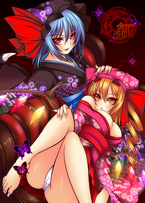 bad_id bad_pixiv_id barefoot bat_wings blonde_hair blue_hair breasts bug butterfly cameltoe cleavage colored_eyelashes drill_hair eyelashes feet flandre_scarlet hand_on_another's_head hat insect japanese_clothes kimono large_breasts long_toenails looking_at_viewer multiple_girls obi older one_side_up panties ponytail red_eyes remilia_scarlet sash short_hair siblings sisters suzuneko_(yume_no_kyoukai) toenails touhou tsurime underwear wings