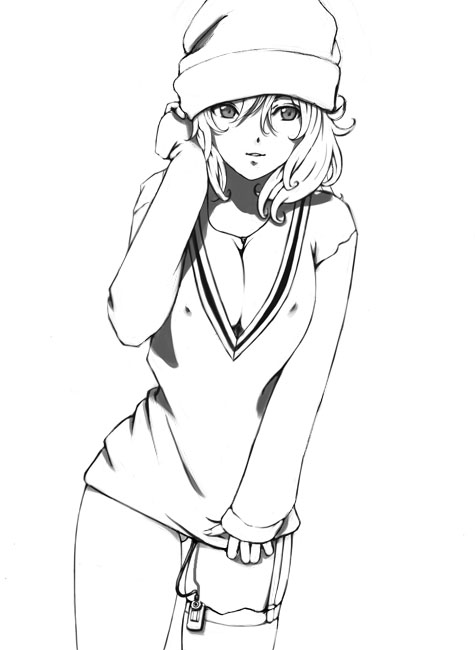akitama bad_id bad_pixiv_id beanie breasts cleavage copyright_request covered_nipples digital_media_player greyscale hat large_breasts monochrome short_hair solo