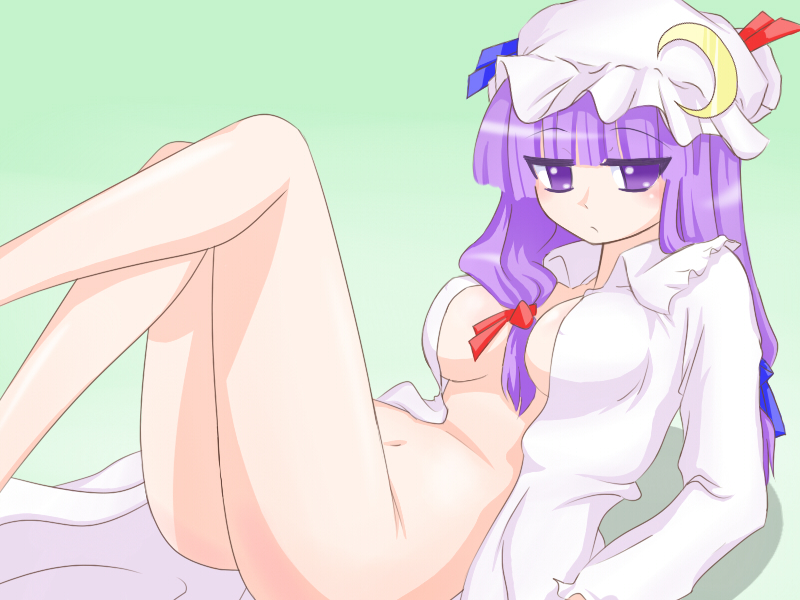arm_support bad_id bad_pixiv_id bottomless breasts cleavage crescent hat large_breasts legs long_hair navel nyontase open_clothes open_shirt patchouli_knowledge purple_eyes purple_hair shirt solo touhou