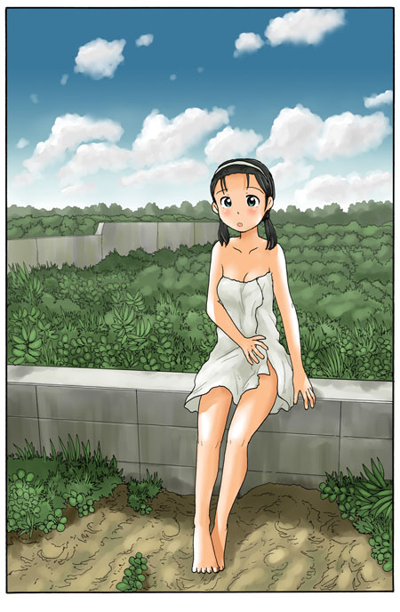 1girl awatake_takahiro barefoot black_hair breasts cleavage cloud clouds feet female nature outdoors outside scenery sitting sky solo toes towel twintails