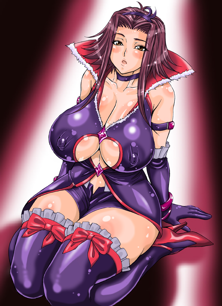 andou_hiroyuki bangle black_choker blush bracelet breasts brown_hair choker cleavage cosplay covered_nipples curvy eas eas_(cosplay) elbow_gloves fresh_precure! frills gloves hairband high_heels huge_breasts izayoi_aki jewelry lips long_hair open_mouth plump precure ribbon shoes solo thick_thighs thighhighs thighs yuu-gi-ou yuu-gi-ou_5d's
