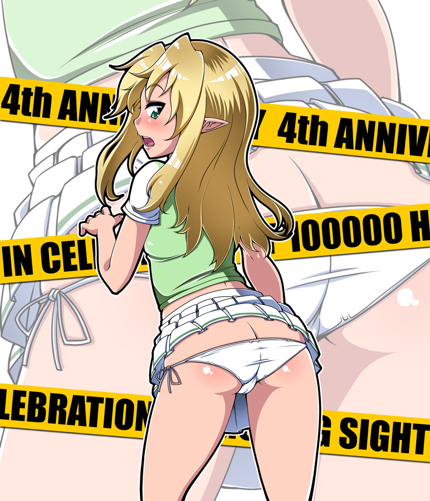 ass blonde_hair blush butt_crack caution_tape from_below green_eyes long_hair looking_back looking_down original panties pointy_ears satsuki_imonet side-tie_panties skirt solo surprised underwear zoom_layer
