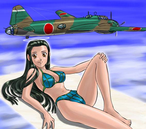 aircraft airplane bikini black_hair bomber g4m halo leg_lift long_hair lying military military_vehicle original shinden_hachirouta solo swimsuit world_war_ii