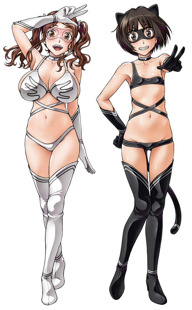 amagami animal_ears boots breasts brown_hair cat_ears choker cosplay covered_nipples crossed_legs elbow_gloves flat_chest fukudahda gloves grin hand_on_hip huge_breasts leather legs lowleg lowleg_panties mask multiple_girls nakata_sae navel panties salute short_hair skindentation smile tachibana_miya tail thigh_boots thigh_gap thighhighs twintails underwear v watson_cross white_gloves