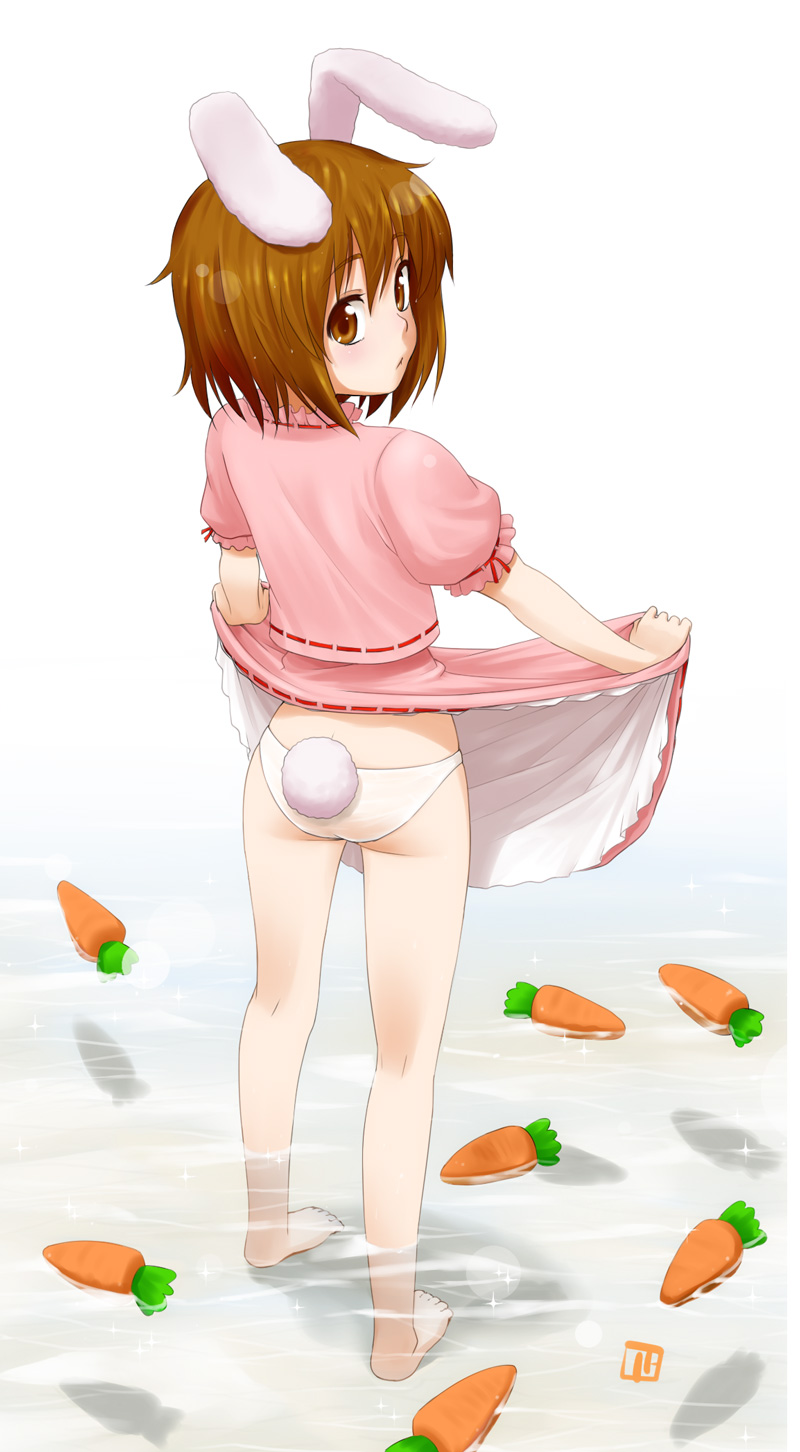 animal_ears ass bad_id bad_pixiv_id barefoot brown_eyes brown_hair bunny_ears bunny_tail carrot full_body highres inaba_tewi looking_back nagian panties short_hair skirt skirt_lift solo standing tail touhou underwear wading water white_panties