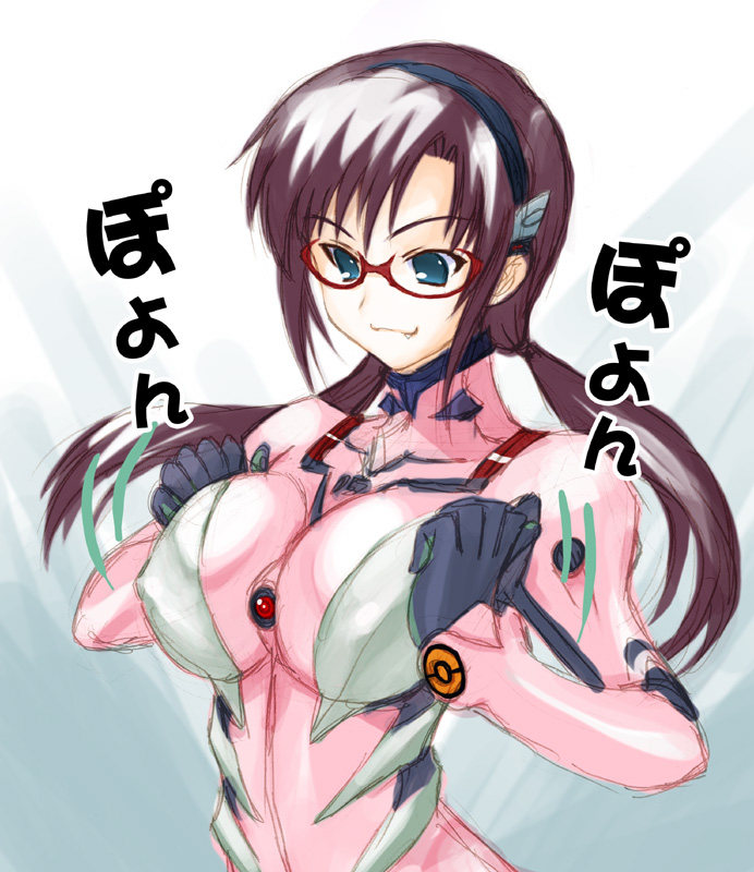 blue_eyes bodysuit breast_squeeze breasts covered_nipples evangelion:_2.0_you_can_(not)_advance fang from_side glasses gloves gradient gradient_background hairband joy_ride large_breasts light_smile long_hair looking_down low_twintails makinami_mari_illustrious motion_lines neon_genesis_evangelion pilot_suit pink_bodysuit plugsuit purple_hair rebuild_of_evangelion red-framed_eyewear sketch skin_tight smile solo translation_request turtleneck twintails upper_body