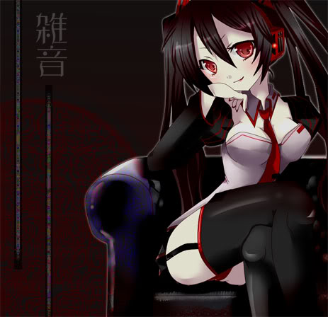 black_hair chair crossed_legs eema headphones lowres red_eyes sitting solo thighhighs twintails vocaloid zatsune_miku