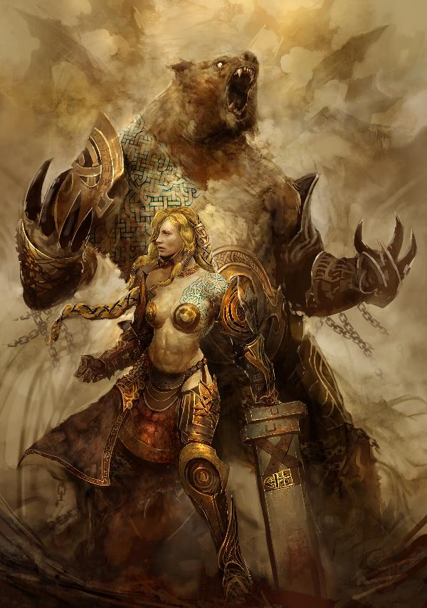 abs armor bear breasts chain concept_art fantasy guild_wars jora kekai_kotaki large_breasts sword weapon