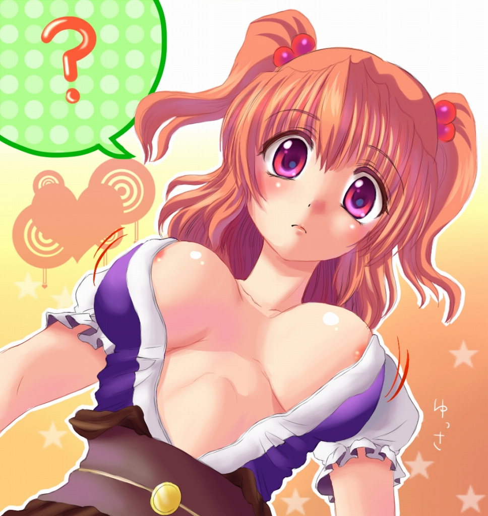 ? breasts breasts_apart creamy_mamiwo hair_bobbles hair_ornament large_breasts nipple_slip nipples onozuka_komachi open_clothes open_shirt red_eyes red_hair shirt short_hair solo touhou two_side_up v-neck