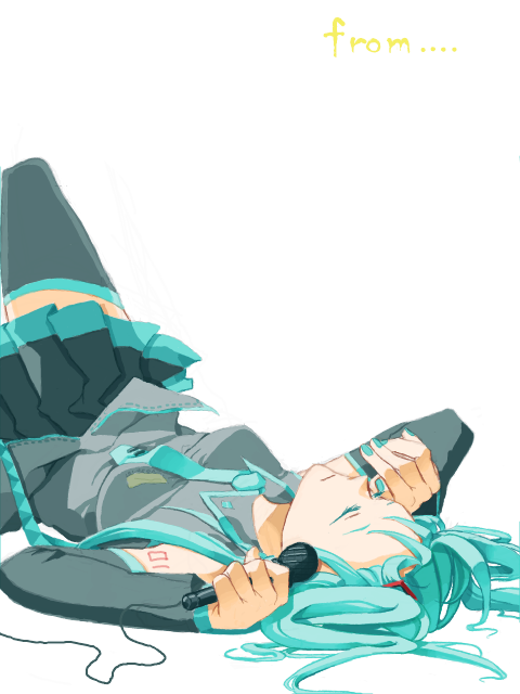 aqua_hair bad_id bad_pixiv_id closed_eyes detached_sleeves face hands hatsune_miku long_hair lying microphone necktie on_back shibanashi_miso simple_background skirt solo thighhighs twintails vocaloid zettai_ryouiki