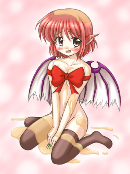 animal_ears blush bococho bow breasts brown_eyes fingernails large_breasts long_fingernails mystia_lorelei naked_ribbon ned oil red_hair ribbon short_hair sitting solo thighhighs touhou wings