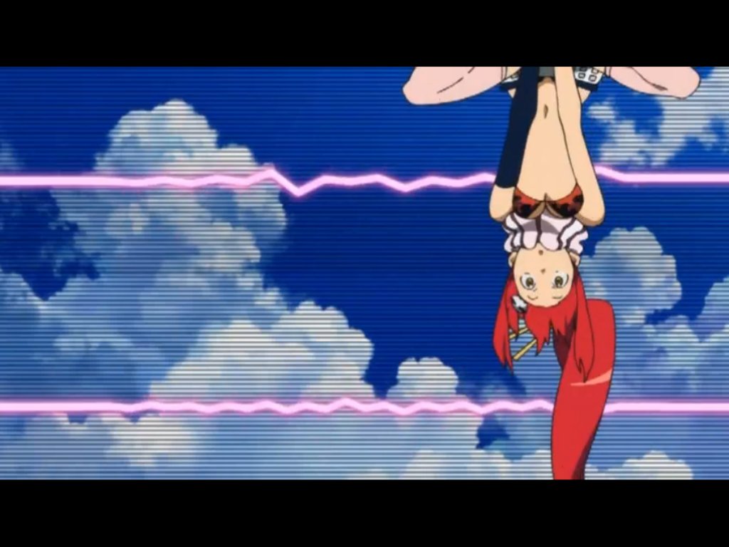 belly_button belt bikini_top breasts cleavage cloud clouds hair_ornament jpeg_artifacts legs_crossed long_hair midriff navel open_mouth ponytail red_hair scarf sitting sky soundwaves tengen_toppa_gurren-lagann tengen_toppa_gurren_lagann underboob upside-down upside_down yellow_eyes yoko_littner yoko_ritona