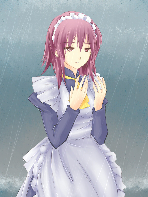 maid piku purple_hair rain red_eyes shakugan_no_shana short_hair solo wet wilhelmina_carmel