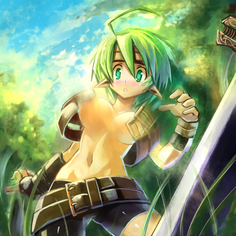 ahoge belt beltbra beltskirt bike_shorts disgaea edobox female_warrior_(disgaea) green_eyes green_hair pointy_ears solo wardrobe_malfunction