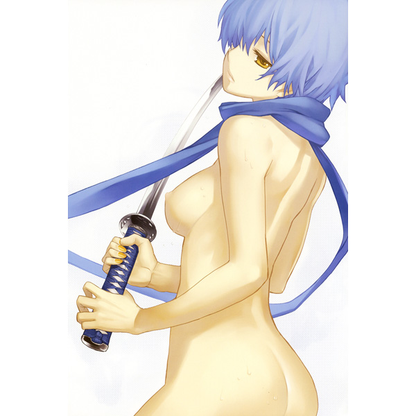 blue_hair breasts katana nagi_(artist) nagi_ryou scarf sword topless weapon