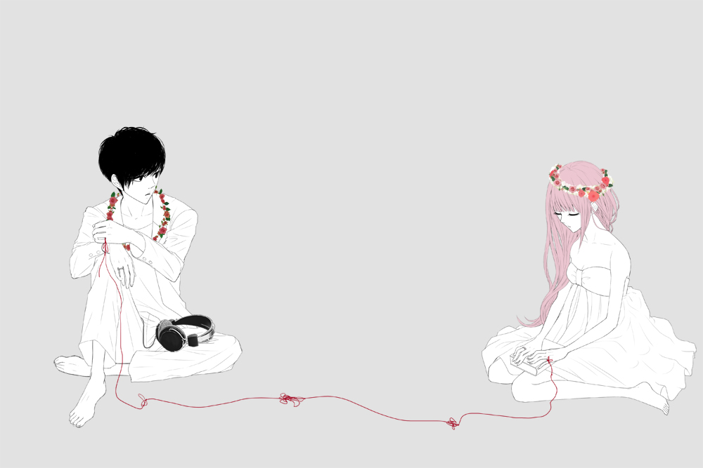 1girl barefoot black_hair book closed_eyes dress feet flower flower_necklace full_body grey_background head_wreath headphones jewelry just_be_friends_(vocaloid) long_hair megurine_luka monochrome necklace pink_hair red_string ring simple_background sitting spot_color string vocaloid yunomi_(yunomi_imonuy)
