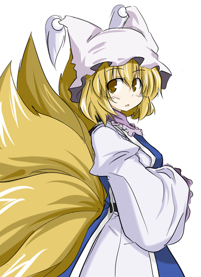 blonde_hair brown_eyes hands_in_opposite_sleeves hat long_sleeves multiple_tails open_mouth pillow_hat short_hair solo tail tassel touhou white_background wide_sleeves yakumo_ran yu-ves