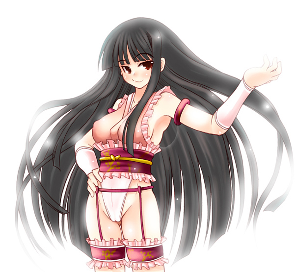 armpits bare_shoulders black_hair borrowed_design breasts cameltoe commentary_request covered_nipples garter_belt garters houraisan_kaguya large_breasts long_hair mabuchoco_m red_eyes solo touhou very_long_hair wrestling_outfit