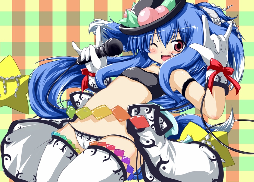 :d \m/ animal_ears armband bandeau bangs bikini blue_hair blush bow cable cameltoe dog_ears dog_tail dutch_angle fang flat_chest food food_themed_clothes fruit gloves gradient hat hinanawi_tenshi holding idol long_hair lowleg lowleg_bikini microphone nanpuu one_eye_closed open_mouth peach plaid plaid_background red_eyes ribbon rope sidelocks skirt smile solo star swimsuit tail thighhighs touhou very_long_hair white_gloves white_legwear wide_hips wrist_ribbon