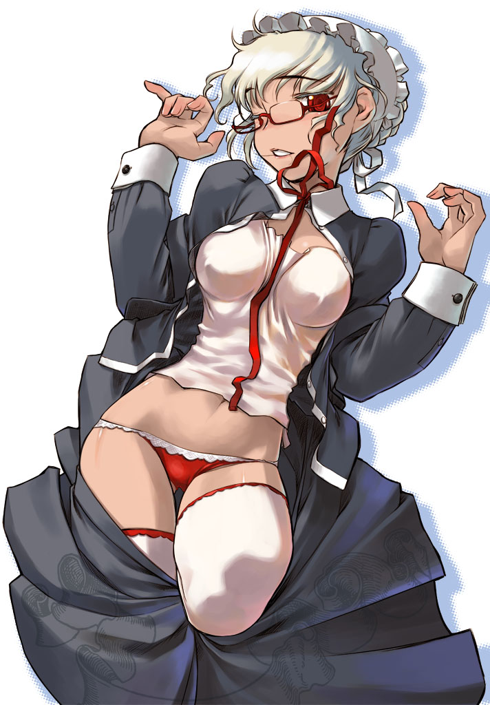 bad_id bad_pixiv_id error glasses hair_bun lowleg lowleg_panties lying maid nakamura_tetsuya navel one_eye_closed original panties red_eyes ribbon solo thighhighs underwear white_hair