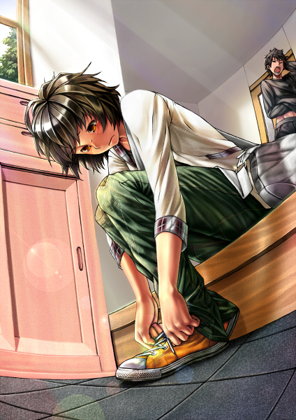 bad_id bad_pixiv_id black_hair fisheye inuzuka_bouru male_focus multiple_boys original shoe_tying shoes sneakers yellow_eyes