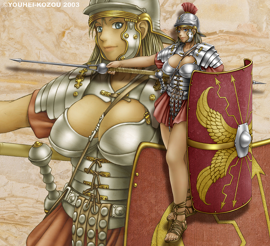 1girl 2003 ancient_rome armor artist_name blonde_hair blue_eyes breasts cleavage_cutout huge_breasts large_breasts legionary long_hair looking_at_viewer lorica_segmentata miniskirt phaia pilum polearm roman sandals scutum shield short_skirt skirt solo spear spunky_knight weapon youhei_kozou zoom_layer