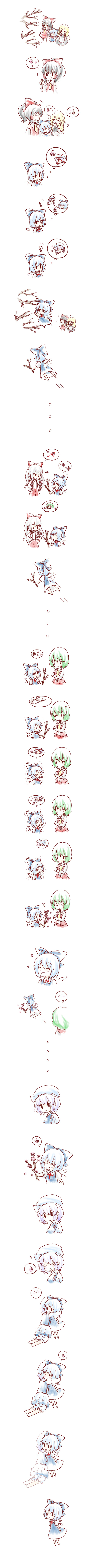 6+girls ^_^ absurdres ascot bad_id bad_pixiv_id bow cherry_blossoms chibi cirno closed_eyes comic dress fading fairy_wings flower fujiwara_no_mokou hair_bow hakurei_reimu heart highres hug kazami_yuuka kirisame_marisa kuromame_(8gou) letty_whiterock light_bulb long_image multiple_girls sad silent_comic skirt skirt_set solid_circle_eyes spoken_heart tall_image touhou transparent trembling vest white_background wings