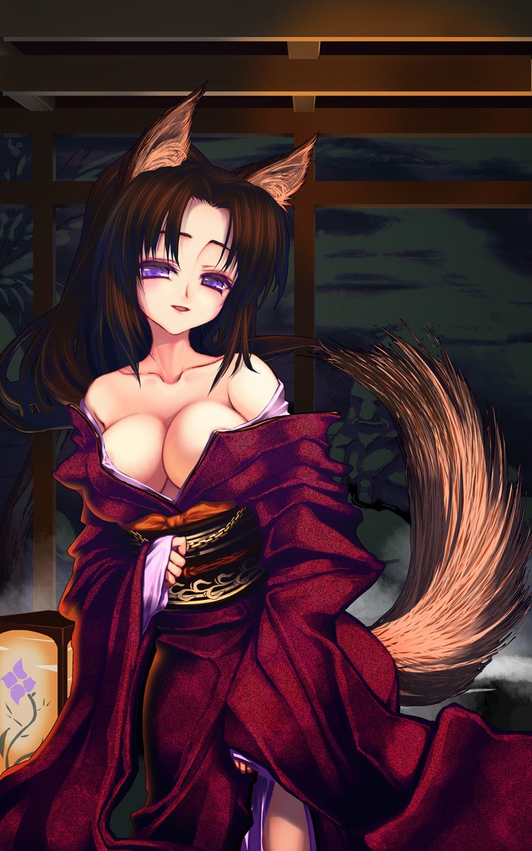 animal_ears areolae bare_shoulders breasts brown_hair cleavage coffee_cat copyright_request highres japanese_clothes kimono kitsune large_breasts long_hair purple_eyes solo tail