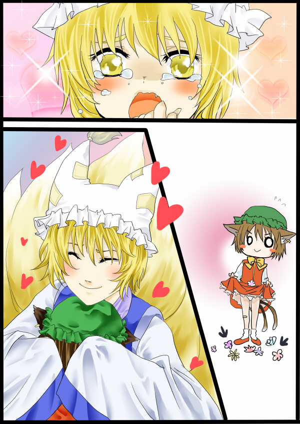 animal_ears blonde_hair blush_stickers brown_hair cat_ears cat_tail chen earrings fang flower fox_tail furoya hat heart jewelry long_sleeves mob_cap multiple_girls multiple_tails open_mouth pillow_hat shoes short_hair sleeves_past_wrists socks tail tassel tears touhou white_background yakumo_ran yellow_eyes