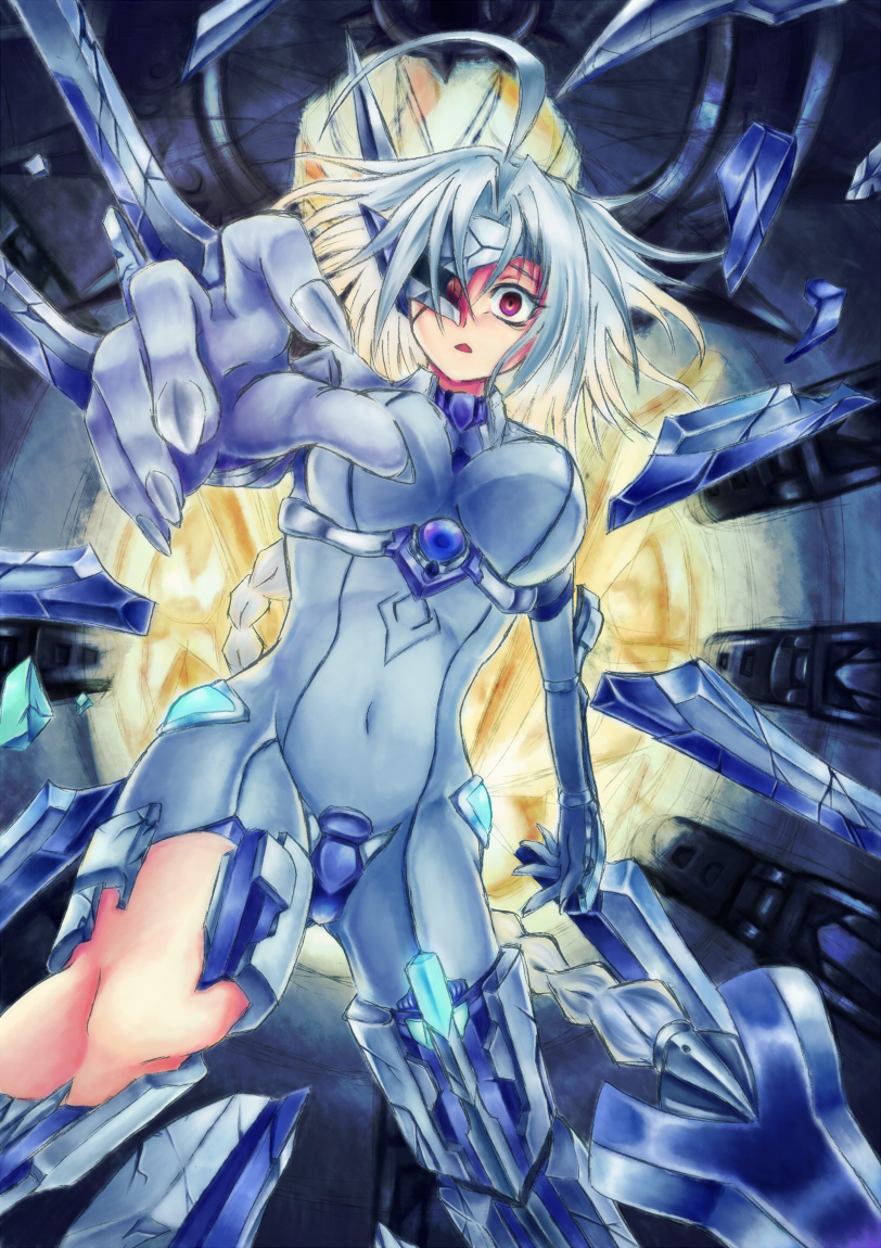 ahoge blazblue braid damaged fingernails mecha_musume nu-13 red_eyes shouma_(bravespiritya) skin_tight solo sword torn_clothes weapon white_hair wings