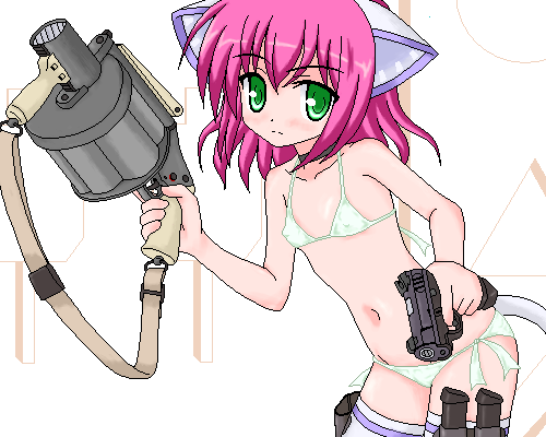 animal_ears bad_id bad_pixiv_id bikini cat_ears covered_nipples flat_chest green_eyes grenade_launcher gun handgun holster knife lowleg lowleg_bikini lowres magazine_(weapon) milkor_mgl navel noveske_n4 oekaki original pink_hair pistol revolver side-tie_bikini solo swimsuit thigh_holster thighhighs trigger_discipline walther walther_p99 weapon