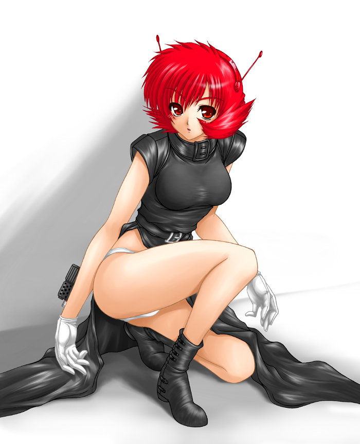 akanako android ass boots breasts cleavage ghost_sweeper_mikami gloves large_breasts legs maria_(ghost_sweeper_mikami) panties pantyshot red_eyes red_hair short_hair solo underwear white_gloves white_panties