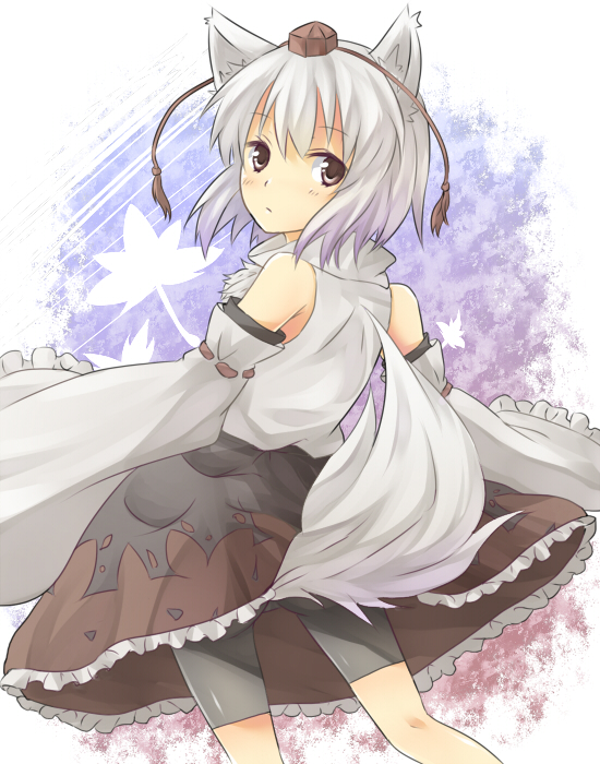 animal_ears bad_id bad_pixiv_id bare_shoulders detached_sleeves from_behind hat inubashiri_momiji leaf looking_back short_hair silver_eyes solo tail tokin_hat touhou urin white_hair wolf_ears wolf_tail