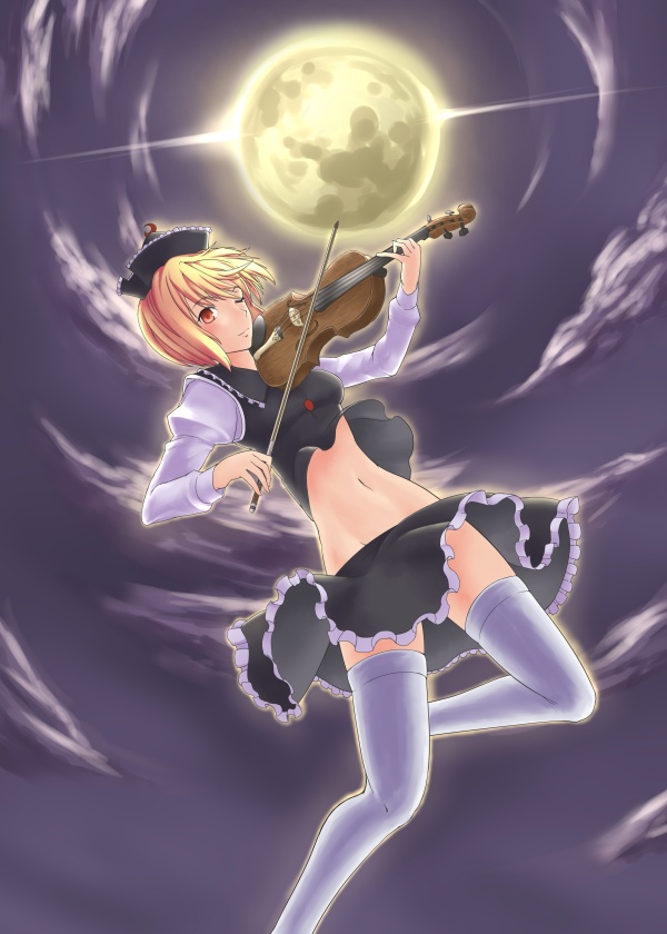 blonde_hair cloud hat instrument lunasa_prismriver midriff moon navel night one_eye_closed red_eyes short_hair solo thighhighs toritora touhou violin