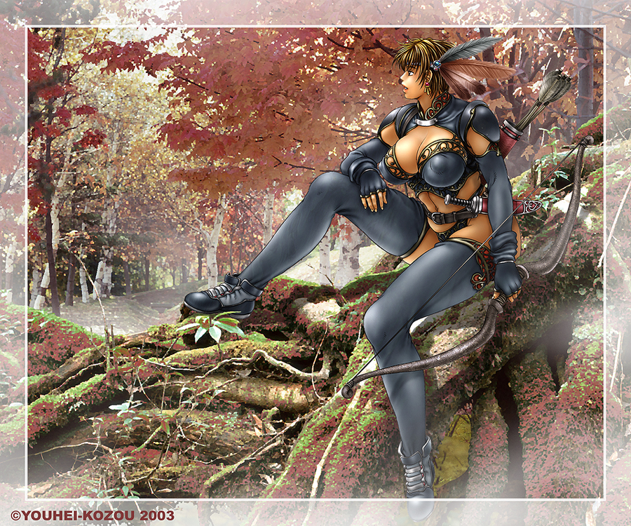 1girl 2003 armor arrow artist_name bikini_armor bow_(weapon) bow_and_arrow breasts curvy earrings elbow_gloves feathers fingerless_gloves forest gloves huge_breasts jewelry knife large_breasts nature outdoors phaia short_hair solo spunky_knight thighhighs tree weapon youhei_kozou