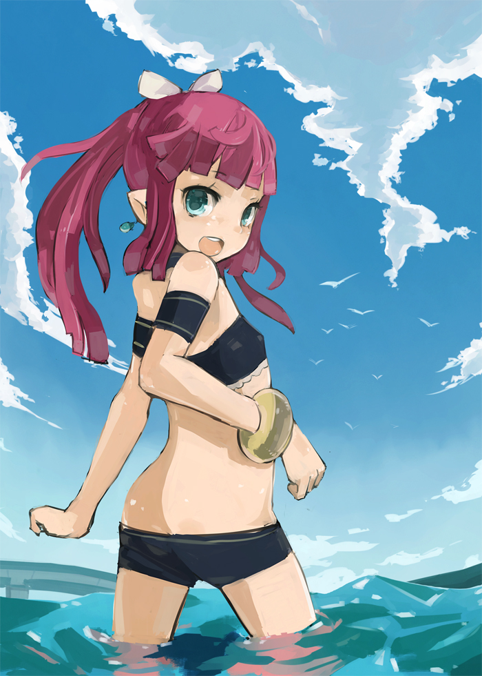 :d aqua_eyes bad_id bad_pixiv_id bikini bracelet cloud day earrings flat_chest from_behind jewelry long_hair looking_at_viewer looking_back midriff nekotewi ocean open_mouth outdoors pointy_ears ponytail red_hair ribbon short_shorts shorts sky smile solo swimsuit umi_monogatari upper_teeth urin_(umi_monogatari) wading water