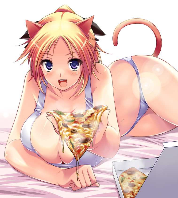 aida_takanobu animal_ears bad_id bad_pixiv_id breasts cat_ears curvy food freckles holding_pizza huge_breasts katharine_ohare panties pizza solo tail underwear world_witches_series