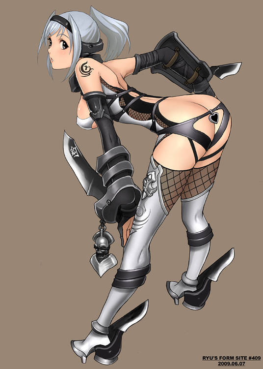 armor ass bent_over boots breasts butt_crack elbow_gloves fishnets gloves grey_eyes large_breasts looking_back original ponytail ryu_(ryu's_former_site) sideboob silver_hair solo tattoo thigh_boots thighhighs