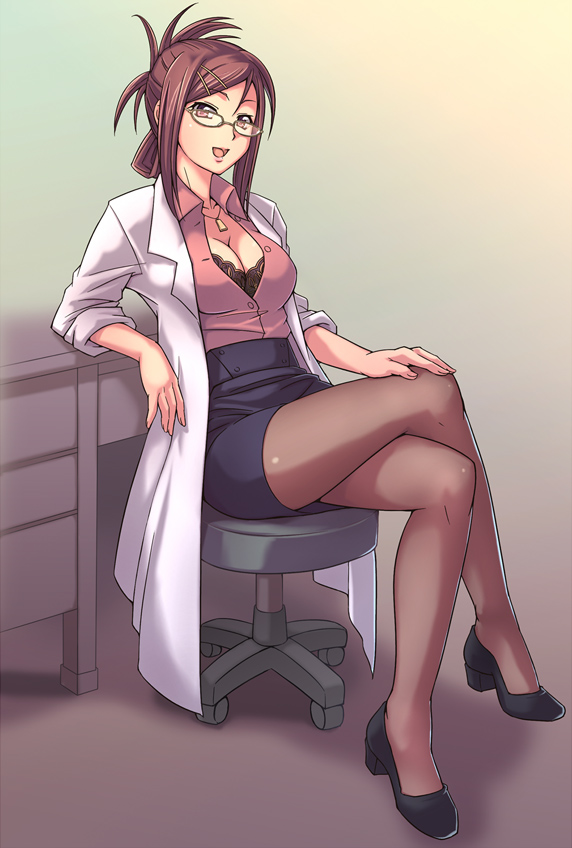 amasaki_aoi bra breasts brown_hair cleavage crossed_legs doctor e20 glasses labcoat large_breasts legs lingerie original pantyhose pencil_skirt sitting skirt sleeves_rolled_up solo underwear