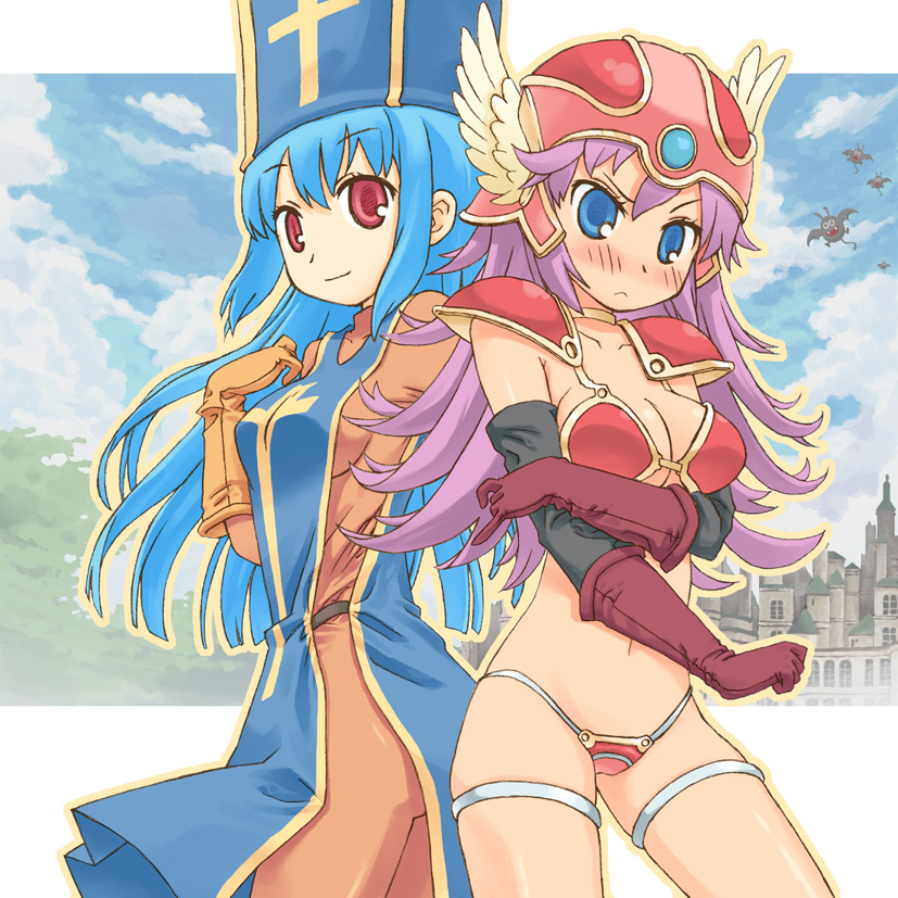 armor bikini_armor blue_eyes blue_hair blush buntan dragon_quest dragon_quest_iii elbow_gloves gloves hat helmet long_hair mitre multiple_girls priest_(dq3) purple_hair red_armor red_eyes soldier_(dq3) tabard