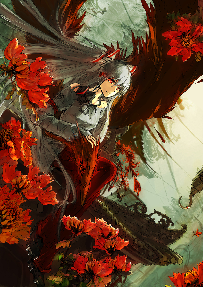 alternate_costume architecture bad_id bad_pixiv_id bare_shoulders bird bow cleats contemporary dutch_angle east_asian_architecture flower fujiwara_no_mokou gas_mask glowing glowing_eye hair_bow long_hair looking_at_viewer lowlight_kirilenko phoenix red_eyes rooftop silver_hair sitting smile solo touhou