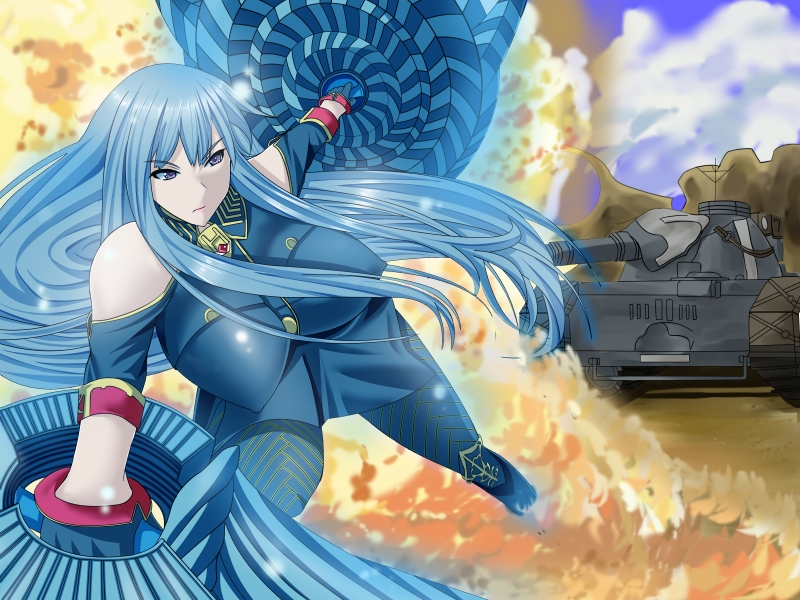 1girl bare_shoulders bol bol_(liliymimi) breasts erect_nipples explosion female gloves huge_breasts long_hair military military_uniform military_vehicle outdoors pantyhose polearm selvaria_bles senjou_no_valkyria senjou_no_valkyria_1 shield silver_eyes silver_hair sky solo tank uniform weapon