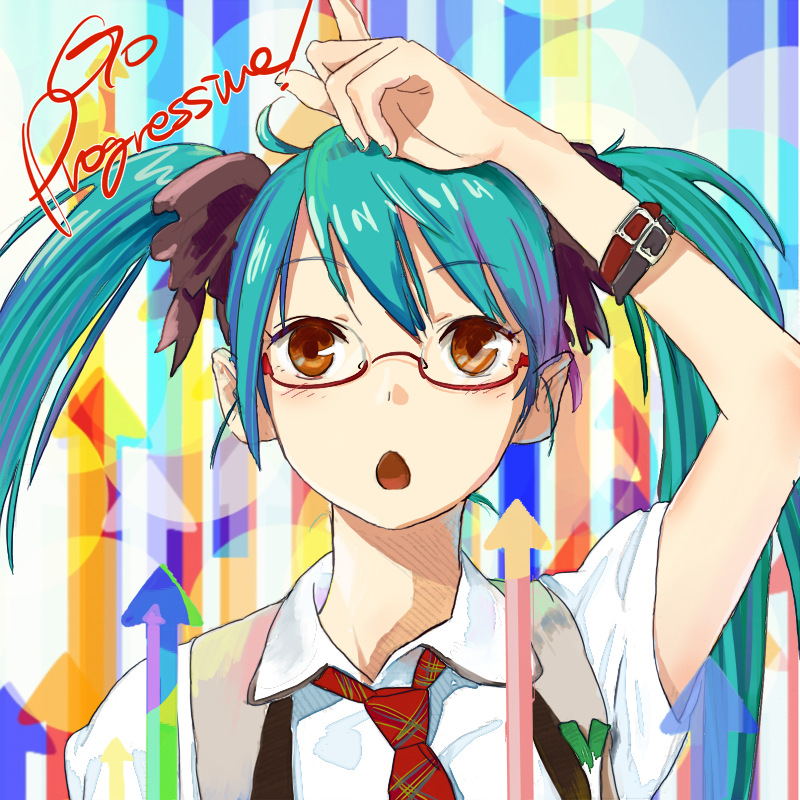 :o aqua_hair bad_id bad_pixiv_id directional_arrow glasses hatsune_miku long_hair necktie open_mouth red-framed_eyewear shuku solo spring_onion twintails upper_body vocaloid