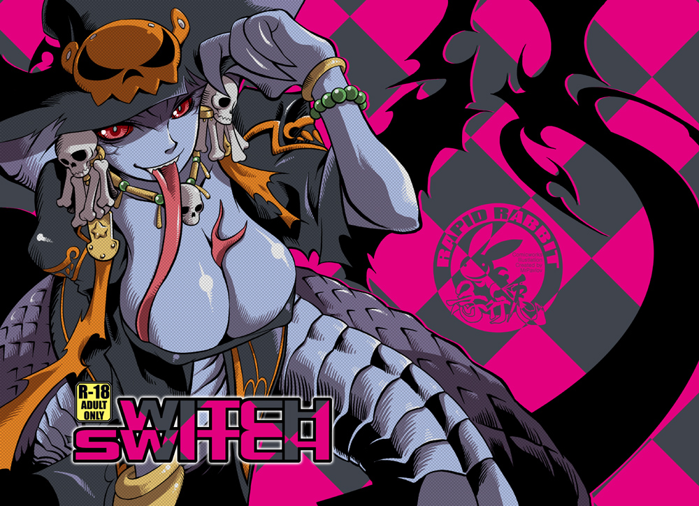 between_breasts blue_skin bone bracelet breasts checkered checkered_background cleavage covered_nipples earrings fangs final_fantasy final_fantasy_xi forked_tongue halloween hat hat_tip huge_breasts jewelry lamia licking long_tongue monster_girl necklace red_eyes scales skull snake solo tomotsuka_haruomi tongue witch witch_hat