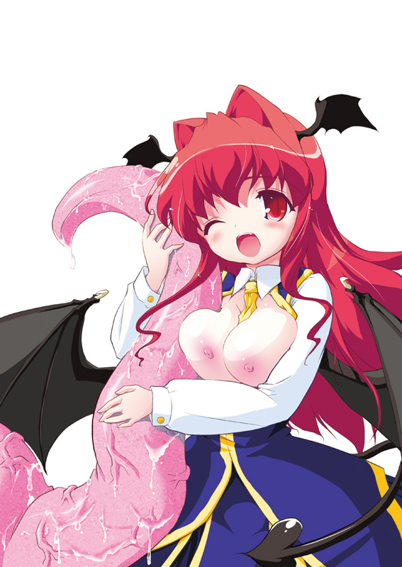 ;d bad_id bad_pixiv_id bat_wings blush breasts demon_tail head_wings hug koakuma large_breasts long_hair naitou_satoshi nipples one_eye_closed open_mouth red_eyes red_hair simple_background smile solo tail tentacles touhou white_background wings