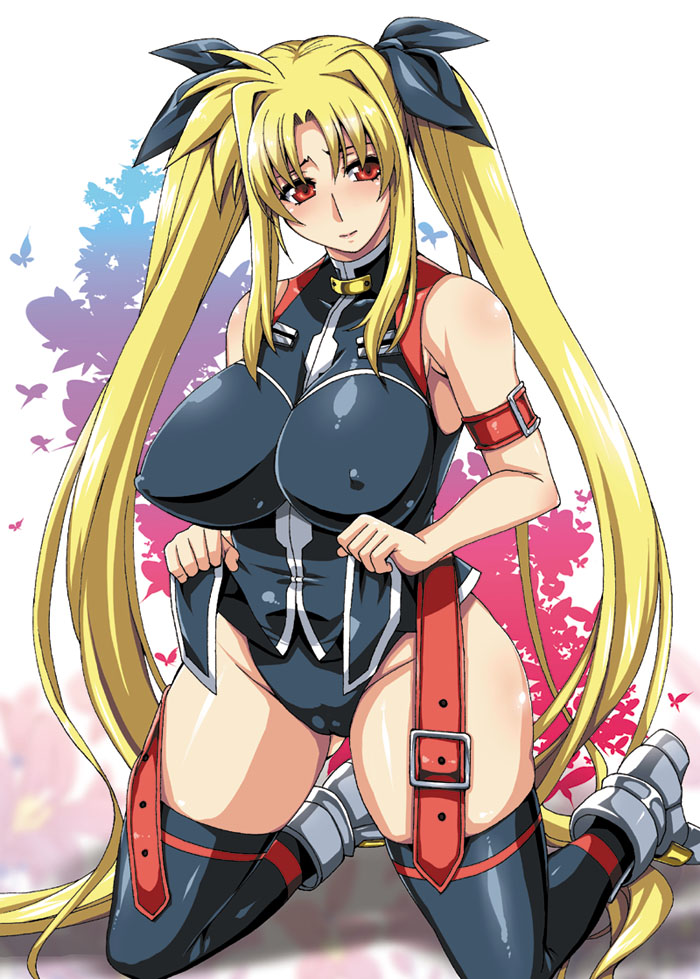 belt blonde_hair blush boots breasts buckle cameltoe covered_nipples curvy fate_testarossa hair_ribbon hotori_(sion) huge_breasts long_hair lyrical_nanoha mahou_shoujo_lyrical_nanoha_strikers older red_eyes ribbon solo thick_thighs thighhighs thighs twintails very_long_hair
