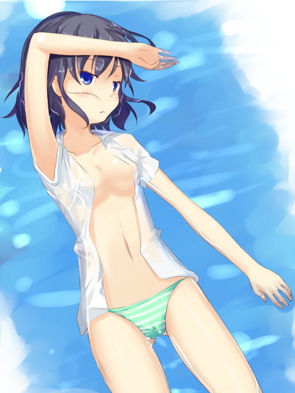 afloat bad_id bad_pixiv_id black_hair blue_eyes breasts hand_on_forehead kuro_(be_ok) medium_breasts navel no_bra open_clothes open_shirt original panties partially_submerged shirt short_hair solo striped striped_panties underwear water wet