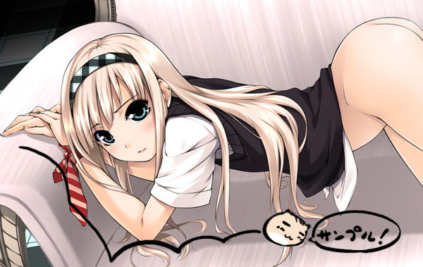 ass bent_over blonde_hair blue_eyes blush bottomless couch hairband long_hair necktie ooji original solo sweater_vest translated