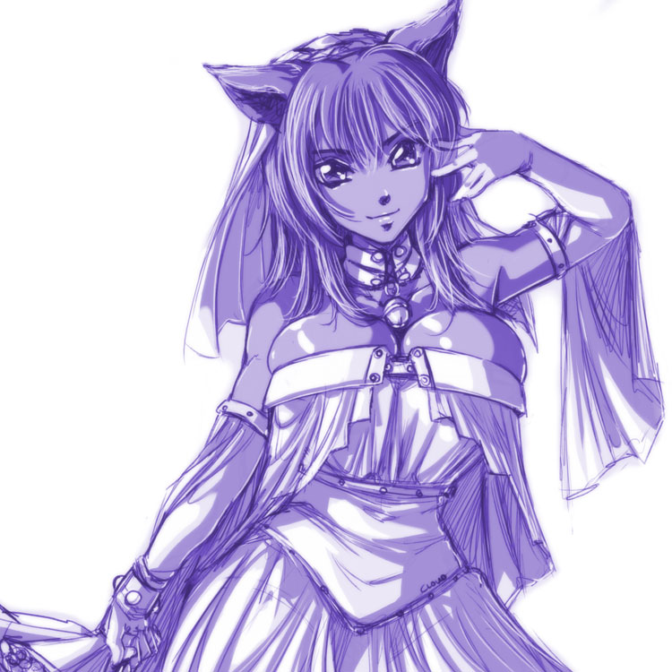 animal_ears arm_up bell bell_collar breasts bursting_breasts cat_ears cleavage collar daniel_fielding dress elbow_gloves gloves large_breasts monochrome original purple signature sketch solo wedding_dress