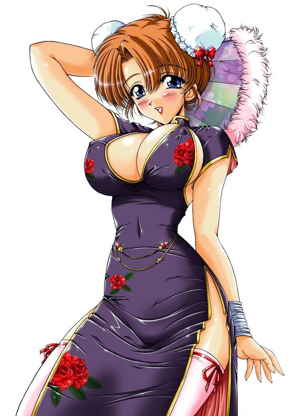 blue_eyes blush breasts brown_hair china_dress chinadress chinese_clothes cleavage double_bun double_buns dress fan highres lipstick makeup smile